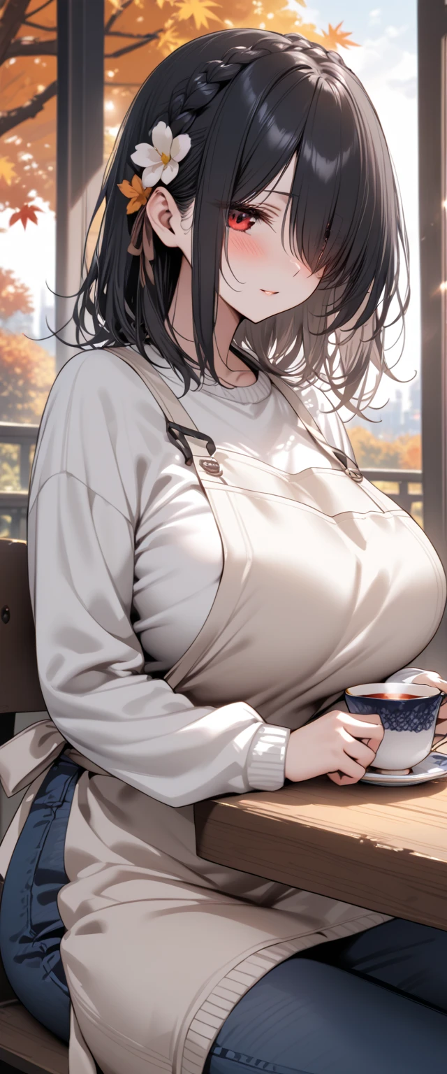 busty (8k, Best Quality, masterpiece:1,2), (realist, photo-realist:1,37), top quality, masterpiece, A pretty woman, I want to drink coffee, a cup of coffee, Elegant style. Indonesian women's style., white and clean skin, pretty eyes, medium hair, wears a watch, A girl with big tits, huge breasts