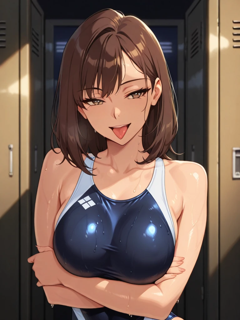 flat chest, from front,presenting_breasts, breast_focus, woman_focus, BreastLift,
sumbeatrix, ponytail, blue bikini, side-tie bikini bottom, hair ornament, wrist cuffs, thigh strap
,(((medium breast:0.6))),
indoor locker room
,nipple_out,show off nipples, focus on nipple,
,BREAK,
from front, upper body,(((from front))),
{{{troubled face:2.0}}}, troubled face,smile, open mouth, looking down at viewer