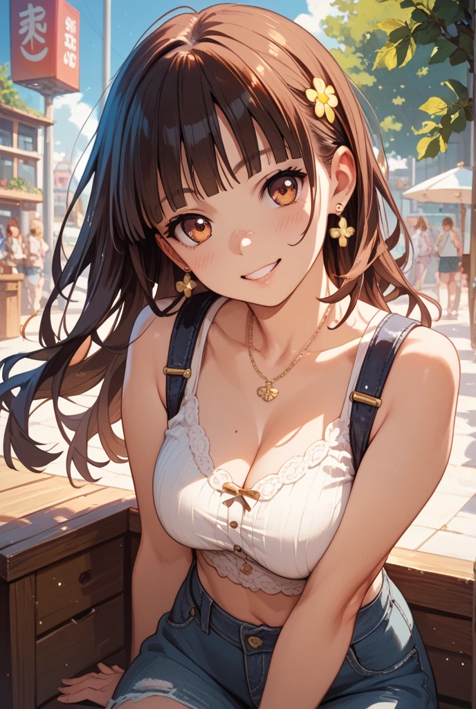 Browsing Caution,​(Highest quality, 8k, masterpiece:1.3,beautiful girl), (Very detailed)Glowing Skin,(((Long Hair,ponytail,Blue Ribbon,Beautiful Hair))),(Perfect Anatomy, Anatomically cまたはrect, Very detailed肌),((Golden Eyes,Droopy eyes,Narrow eyes)),((Perfect Fingers,Five Fingers)), Baby Face, Mole under the eye,Double teeth,Big Breasts,Big Ass,high school girl,Very smiling,Smile and close your eyes,((Off-shoulder white sweater:1.2,Black and white plaid mini skirt:1.3,Pink Panties)),walk,Port town,Beautiful night view,((Shiny Earrings,small diamond necklace)),Place your arms behind your head