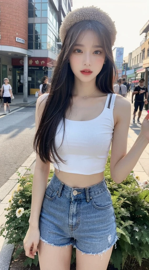 masterpiece, Highest quality, figure, Very detailed, The finer details, High resolution, 8k,wallpaper, Perfect dynamic composition, Full body photo,  Stand in an orderly fashion., (Detailed high quality, Realistic depiction of eyes:1.3), 20-year-old girl, Idol Sculpture, Cute type, Large Breasts, Straight hair, Black hair color, Big Natural Color Lip, Perfect figure, Standard waist size, White crop top that reaches the neck, Denim shorts, Leather Belt, necklace, Earrings