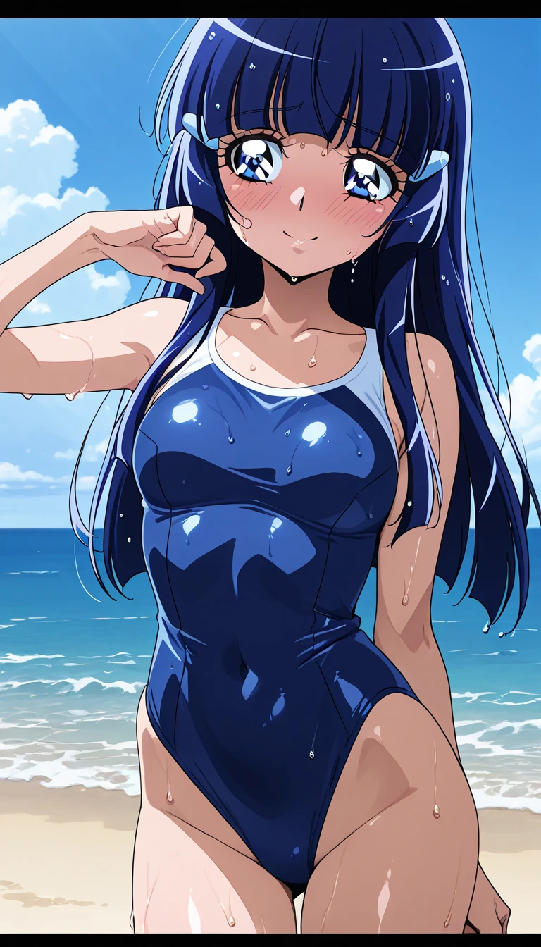 (8K、Top image quality、top-quality、masterpiece)、(1 loli)、Black hair twintails、red eyes、evil smile、smirk grin、(Smaller chest)、(Navy blue school swimsuit)、armpits、blue open sky、sea the background of