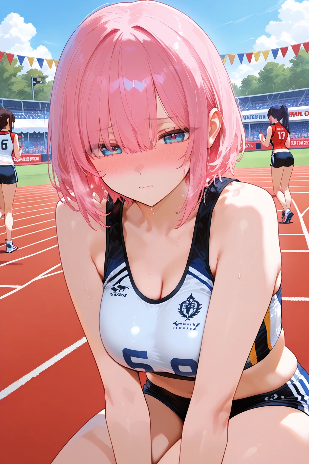 (8K, top-quality, masterpiece:1.2), (reallistic, Photorealistic:1.37), Super Detail, One girl,), (Highly detailed), (beautifully detailed eyes), (of the highest quality), (super detailed ), (masterpiece), (Detailed face), 20yr old, 1 girl, (pink hair, long hair), medium breasts, clothed, Perfect Lighting, BREAK (sports bra:1.5), (bright colors:1.3), (contrast trim:1.2), (abstract prints:1.1), (lightweight fabric:1.2), (stretch:1.1), (body-hugging:1.1), (crossed straps:1.1), (mesh panels:1.1), (sneakers:1.2), (reflective details:1.1), BRAKE (dynamic composition:1.1), (upper body and thighs:1.1), (long hair, pink, ponytail:1.2), (serious expression:1.1), (gazing forward:1.1), (profile pose:1.1), (starting position:1.1), (track and field stadium:1.2), (dramatic lighting:1.2), (evening glow:1.1), BRAKE