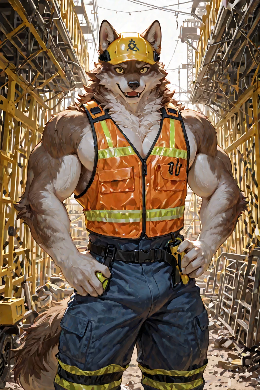 male hyena. full body, construction worker, (full nude, only safety vest,)sweating, realistic, smile,construction site,