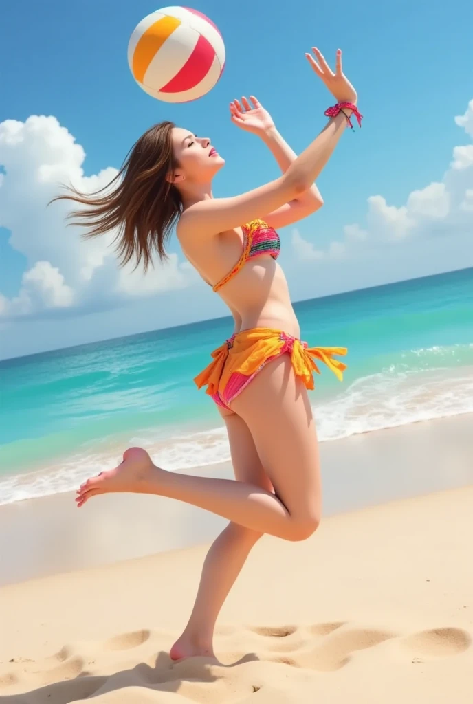 Photo of a woman in a swimsuit dancing on a sandy beach Japanese、Gal Style、Make your face clear、The fingers are also beautifully reproduced.