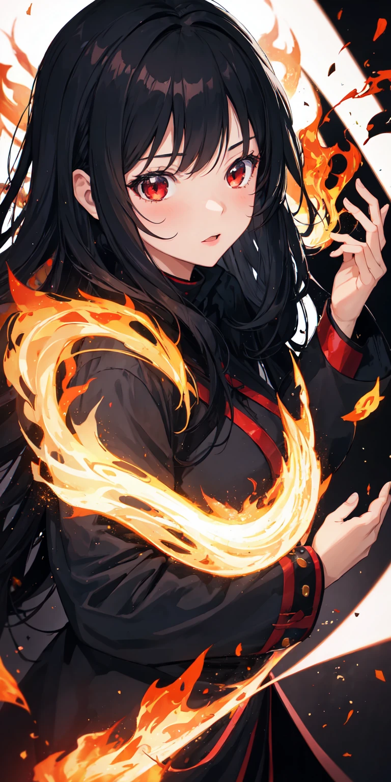 1girl, black hair, red eyes, fire witch, blood, light particles, light rays, wallpaper, high contrast, colorful,
