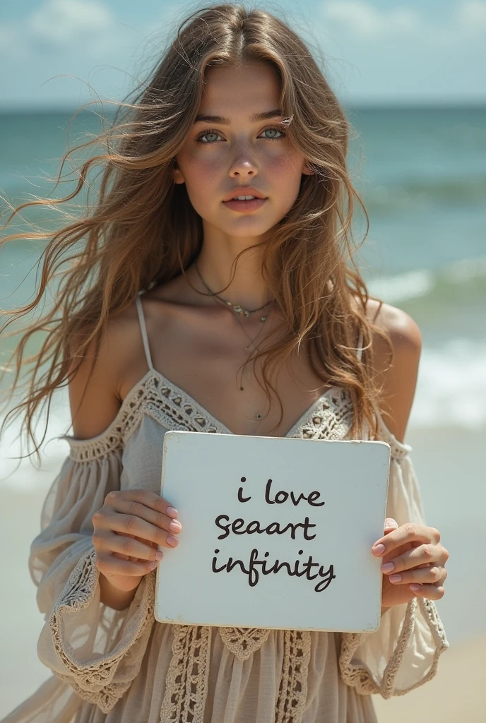 a beautiful girl with long wavy hair，wearing a bohemian dress，holding a white board with the words “I Love SeaArt Infinity” written on it，Also show the audience