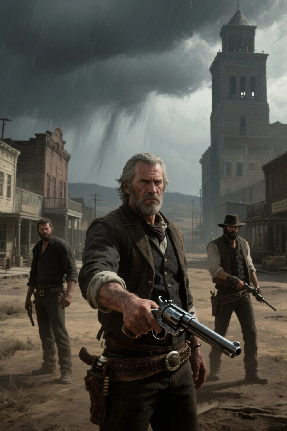 The three strongest Outlaws,will survive in Red Dead 2,and the dark sky suppresses the whole picture。the town facing them,radiate murder all over the body,The eyes are cold,Heavy revolver in hand,looking around。guards the town {x} The veteran exile stands in the center of town {x} and the two exiles behind him are each looking around with vigilance,a gloomy look,A sharp eyesight,all ready to go。远处的城镇建筑物高耸入云,The buildings in the town are towering into the clouds,suggests that a storm is imminent。as delicate and realistic as an oil painting,Professional 4K HD photography quality,Super realistic,photorealistic,Professional studio lighting,Very high-definition detail,Extreme color saturation,radiating gloomy and killing air。
