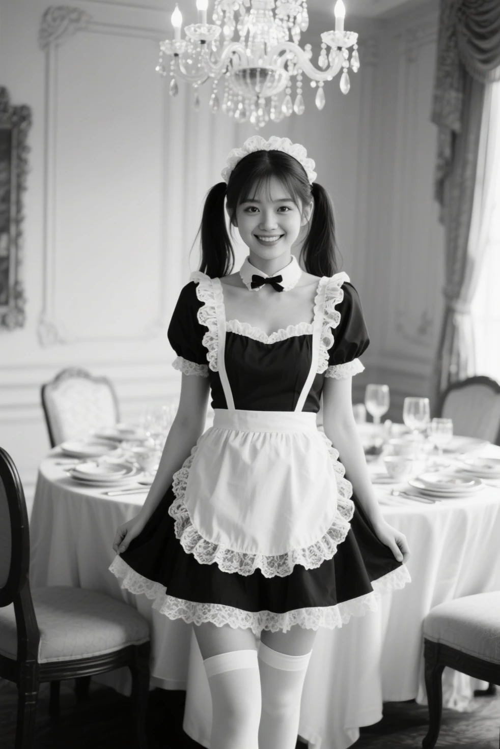 sweet maid photo，black and white classic maid outfit，Lace edges，Ruffled apron，Knee-length white stockings，black double ponytail，gentle smile，exquisite tableware arrangement，European classical restaurant，Crystal chandeliers，elegant ambiance，Soft natural light