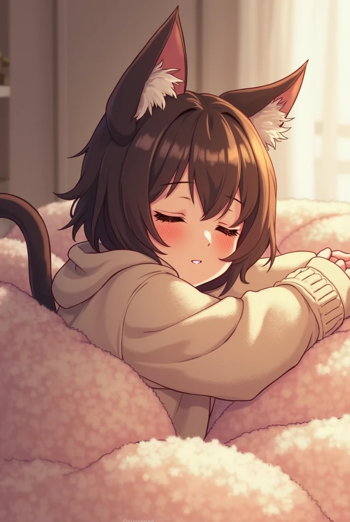 A girl with cat ears stretches on a plush bed wearing an oversized sweater that slides off her shoulders, wearing an oversized sweater that slips off her shoulder. her tail playfully curls. in a soft animation style, soft ambient light, skin blush, and fuzzy texture. Cute and , 4k cozy NSFW.