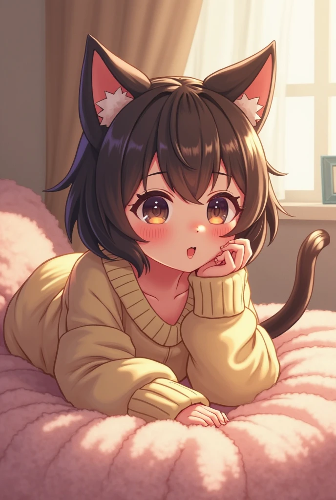 A girl with cat ears stretches on a plush bed wearing an oversized sweater that slides off her shoulders, wearing an oversized sweater that slips off her shoulder. her tail playfully curls. in a soft animation style, soft ambient light, skin blush, and fuzzy texture. Cute and , 4k cozy NSFW.