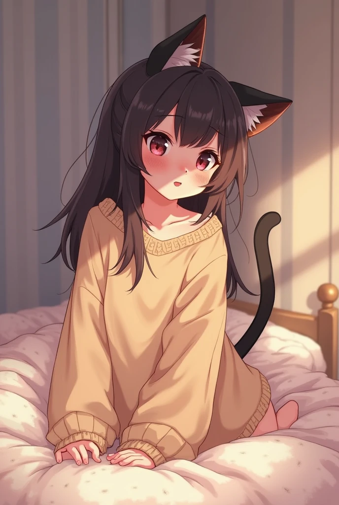 A girl with cat ears stretches on a plush bed wearing an oversized sweater that slides off her shoulders, wearing an oversized sweater that slips off her shoulder. her tail playfully curls. in a soft animation style, soft ambient light, skin blush, and fuzzy texture. Cute and sexy, 4k cozy NSFW.