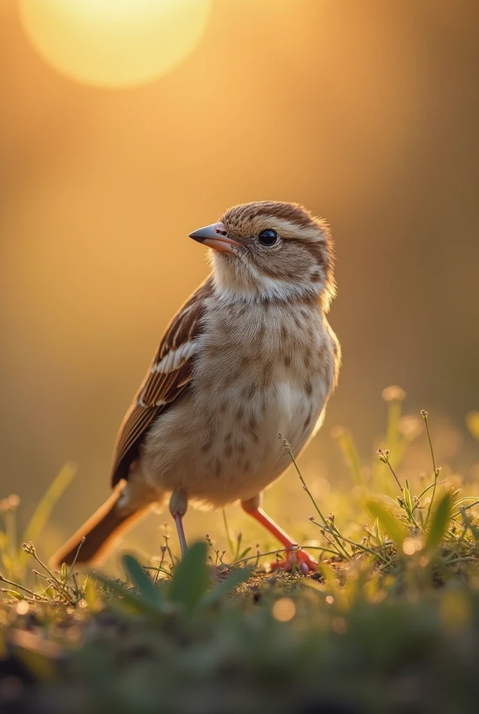 A charming close-up photo，shows a beautiful bird，illuminated by soft golden light on a quiet morning，with a bokeh ball gently framing its petite body