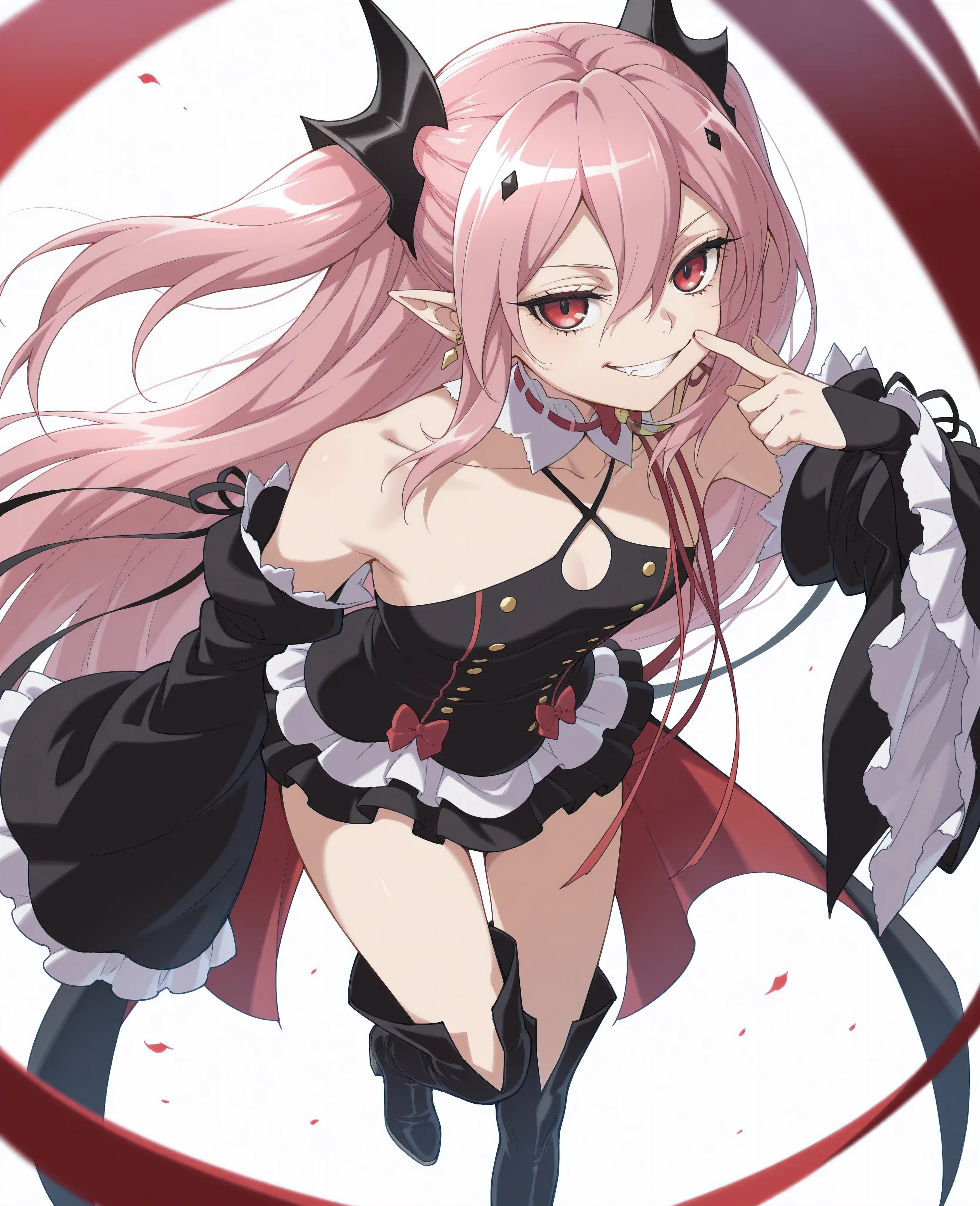masterpiece, high score, great score, absurdres , looking at viewer, 
<lora:Krul Tepes Illu :1> kkrul, 1girl, pink hair, pointy ears, red eyes, detached sleeves, black dress, two side up, bare shoulders, vampire, hair between eyes, thigh boots, black footwear, ribbon, thighhighs, small breasts, long sleeves, fang,
, closed mouth, collarbone, earrings, eyelashes, fingersmile, white background, grin, open mouth,