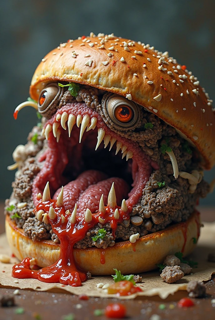 Creepy hamburger monster