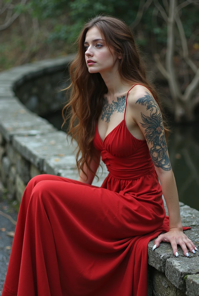 tattoo girl, very beautiful, murderous, handsome man, betrayal, anger, dark background, 8K, dynamic wallpaper, very delicate, very dense, (red summer dress), decolt, natural titts, brown eyes,