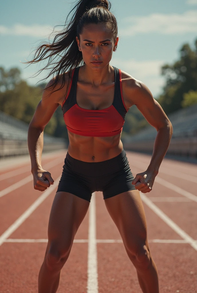 (track and field, stadium:1.2), (rim lighting), (detailed face:1.1), 1girl, solo, smile, captain mizuki, one-punch man, highres, muscular female, breasts, orange hair, sports bra, upper body, high ponytail, long hair, sweat, steam, steaming body, murata yuusuke, showing big buttocks (Back View)
