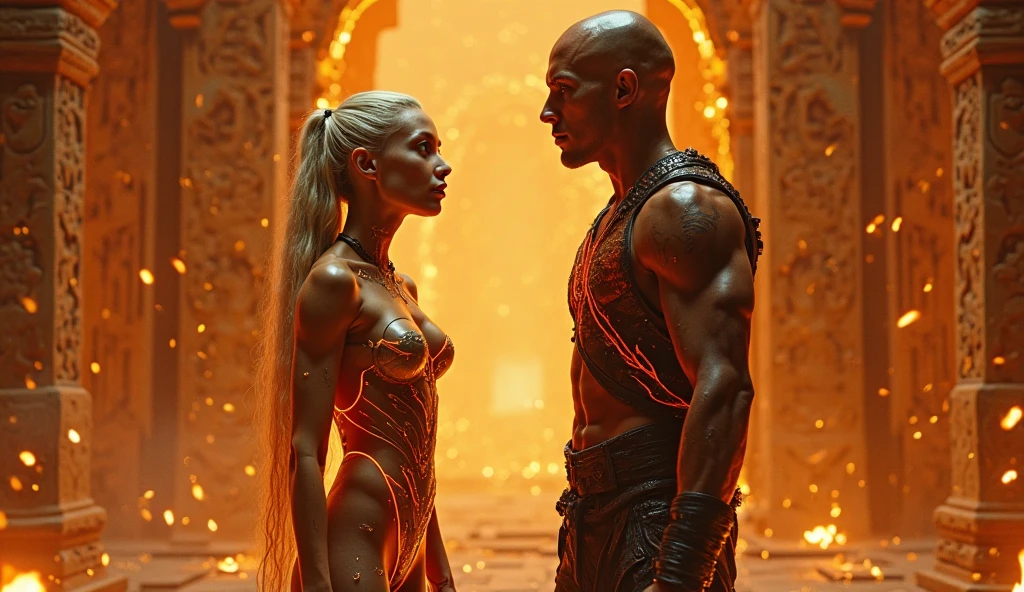 Sacred rebels, an extremely attractive couple. Dark bearded handsome bald shaman man with muscular upper body bare. Blonde fairie-like extremely sexy woman dressed in flirtatious pink crop top and mini skirt, perky big breasts, plenty of cleavage, hourglass body. Side by side, touching each other sensually, facing the camera, looking into the camera.