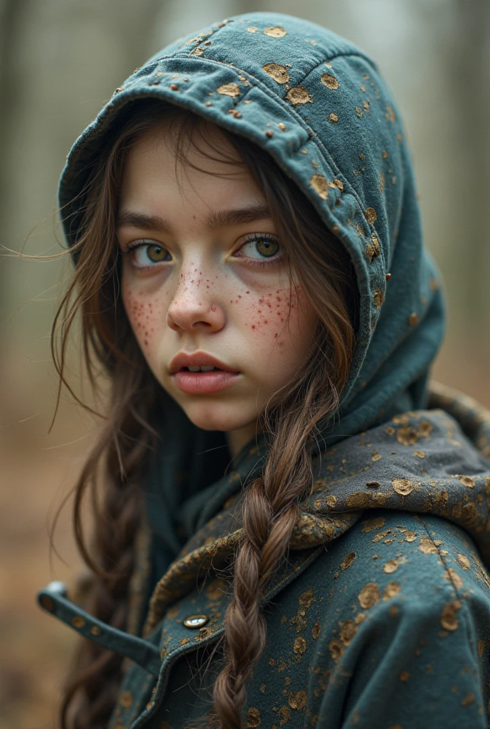 Девочка 10 years, (10 years), девочка 10 years bum, bum, beautiful dirty face, tangled hair, pretty, dirty smelly clothes, rags, torn and full of holes, dirty torn brown leather lace-up boots, cute face, Sweet Lips, innocent blue eyes, a girl rummages through a garbage dump in the yard in search of food and drink