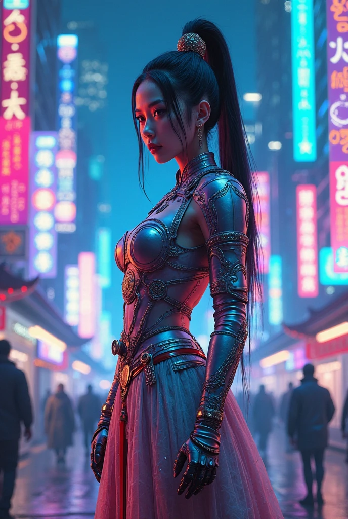 Top Quality, Masterpiece, Ultra High Resolution, ((Photorealistic: 1.4), Raw Photo, 1 Girl, very long black multicolored Hair, Glossy Skin, 1 Mechanical Girl, (Ultra Realistic Details, accentuated super huge enormously gigantic tits with cleavage showing, sexy seductive slutty pose)), side lighting, deep shadows, Octane Rendering, 8K, Ultra Sharp, Metal, Intricate Ornament Details, Egyptian Details, Very intricate details, realistic light, CGSoation trend, facing the camera, neon details, mechanical limbs, tubes connected to the mechanical parts, mechanical vertebrae attached to the back, mechanical cervical attachment to the neck, wires and cables connecting to the head, evangelion, small glowing LED lamps, (cherry blossoms blowing in the wind, dazzling futuristic Cyberpunk city streets in background).