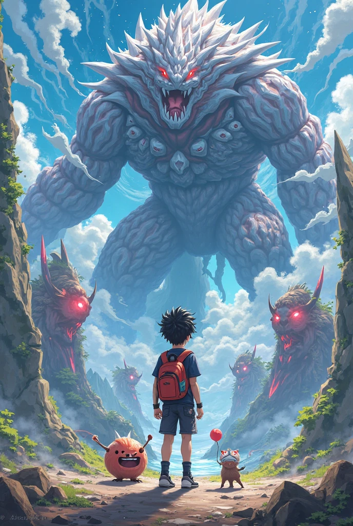 Monster kingdom of mountain west and with fighting character 2 boys and 1 girl with 1 moster anime image