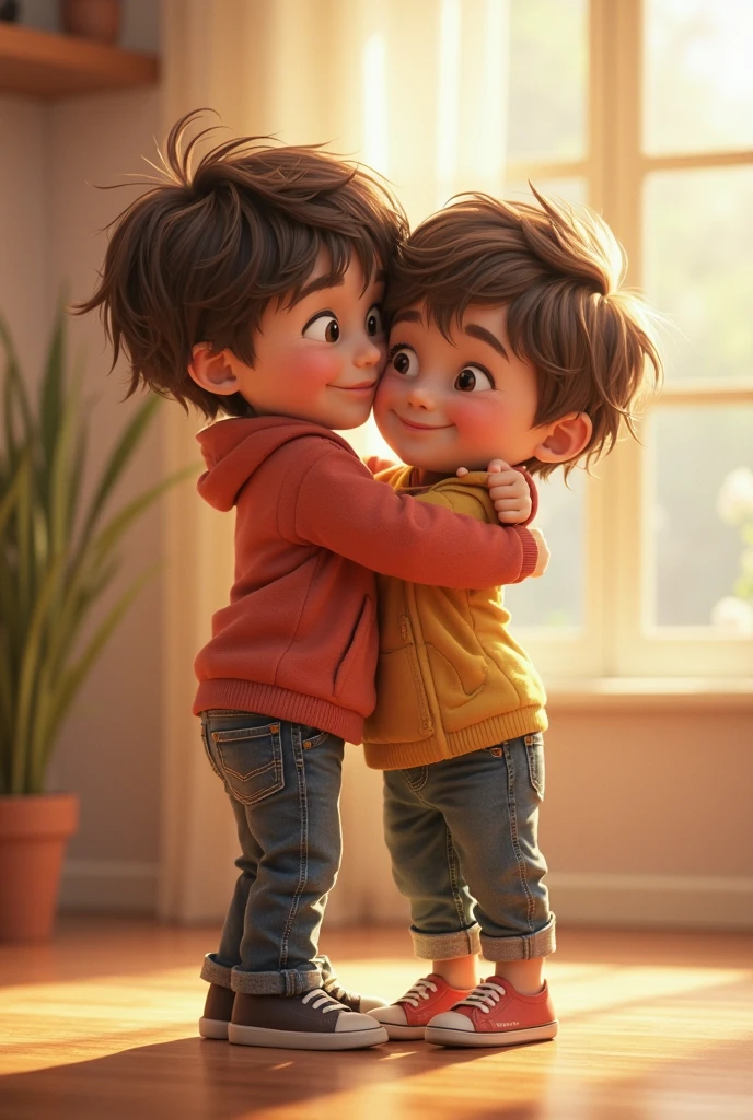 A small black-haired boy with hazel eyes next to a tall boy with brown hair and blonde highlights and light brown eyes