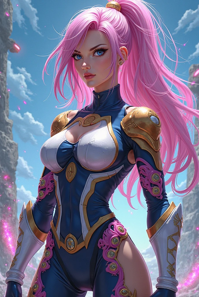 BEAUTIFUL PINK HAIR BOMBSHELL FEMALE GODDESS, TOO HUGE LONG HAIR, TOO VOLUMOUS HAIR, WIND EFFECT, LIGHT GRAY EYES, PALE SKYN, ROSY CHEEKS, HIGH CHEEKBONES, MENTAL FORAMEN, CLOSED MOUTH, ANGRY FACE EXPRESSION, STRAPLESS CLEAVAGE, BLUE PINK LEATHER BODYSUIT, GOLDEN DETAILS, GOLD HEADBAND, GOLD GAUNTLETS, LONG GOLDEN GAUNTLETS, GOLD CHOKE COLLAR, GOLD SANDALS, STRONG ATHLETIC BODY, MUSCLES, ARMS, DETAILED DELTOIDS, THICK GORGEOUS THIGHS, DETAILED QUADRICEPS, ABDOMEN, DEEP DESERT, ROCKY MOUNTAINS, SUN, BACKLIGHTS, MASTERPIECE, ACCURATE IMAGE