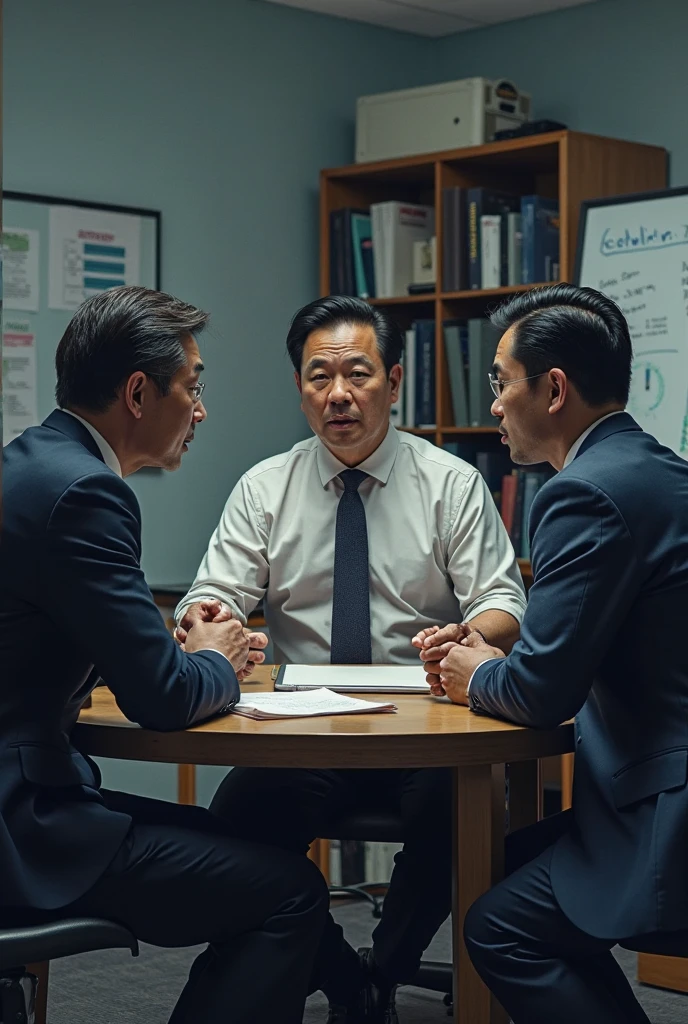 Masterpiece, best quality, several men standing and talking in the office with embarrassed faces, perfect anatomy, professional light, documentary angle