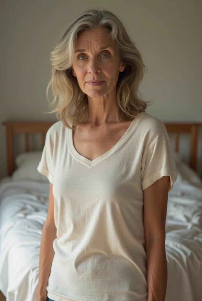 RAW photo, full body, 55-year-old woman, extreme wrinkles, casual t-shirt, sitting on the guest sofa, looking at the viewer, wearing cream shoes, straight forward position, in front of the viewpoint,