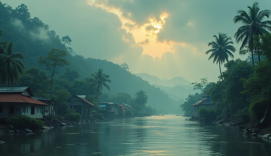 create a real photo of the Vietnamese southside, smoke from kitchen sunset, river and high quality; 4k; hdr