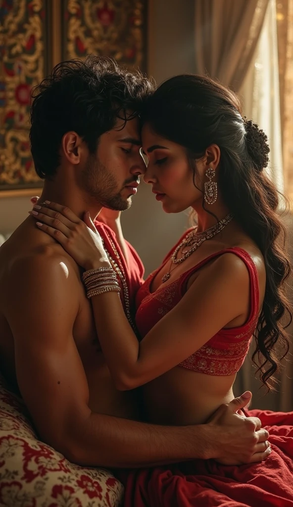 A newly wed couple in the mornig a girl 27 and boy 25  old , girl wearing blue saree standing infront of window her husband is in her back soulder  kissing  her neck sensually she is closing her eye and felling it and her husband is wearing only pant he is shirtless  .including faces 