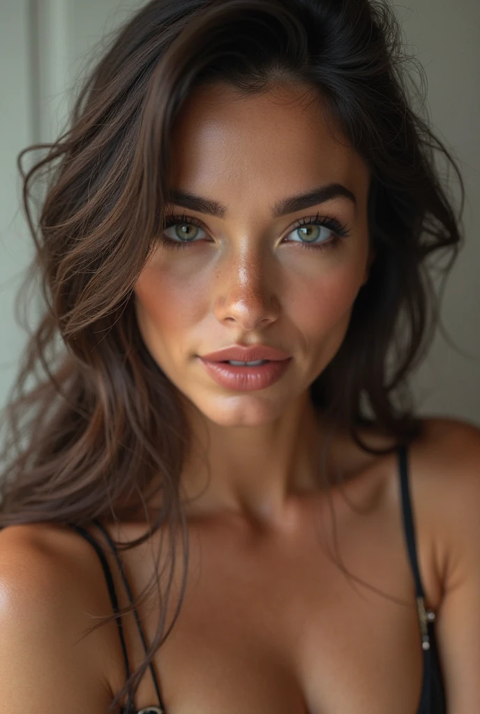 arafed, femme, à, vêtements noirs, fille sexy aux yeux noirs, cheveux longs bruns balayage caramel et yeux en amande, 30 ans, métisse, peau matte, cubaine, selfie d&#39;une jeune femme, Yeux de chambre, violette myers,maquillage naturel, regarder directement la caméra, Visage avec Artgram, Maquillage subtil, Superbe photo du corps entier, dans la chambre, clivage