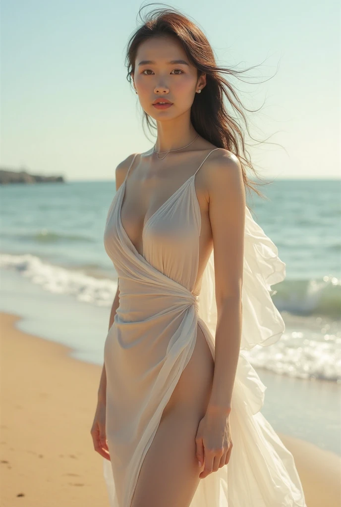 
Soft, ethereal lighting, gentle brush strokes, romantic atmosphere, serene beach setting, lifelike details, flowing dress, natural colors, digital illustration, high-resolution, romantic realism, warm and inviting mood.