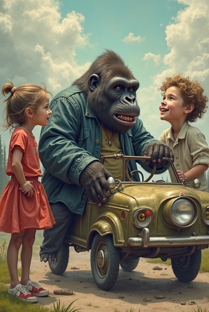 Strong chimpanzee with a cap and chain in an old black Civic-style car and a white dwarf with blond hair of adult age and the chimpanzee says I am Joshua