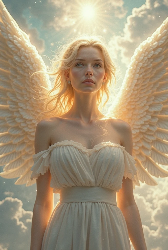 high quality, highly detailed, Imagine a dreamlike scene with a beautifull female angel, she have Golden blonde curly hair and white long wings. Longe silver dress and she have powerfull aura, she have Green eyes and gently aspect, Celestia. Full body portrait 