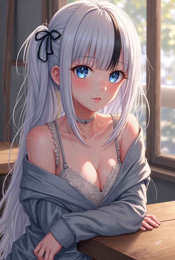 (masterpiece:1.2), (Best quality at best:1.2), perfect eyes, perfect face, 1 Girl, Alone, 8K, Best Quality, large breast，(Detailed description of hair), (Detailed description of face),(Detailed description of body), fair and clear skin, matchless beauty, long legged, facing the audience, professional photographic lighting，detailed red eye，detailed face，rainy，school uniform,twin ponytail, Silver hair