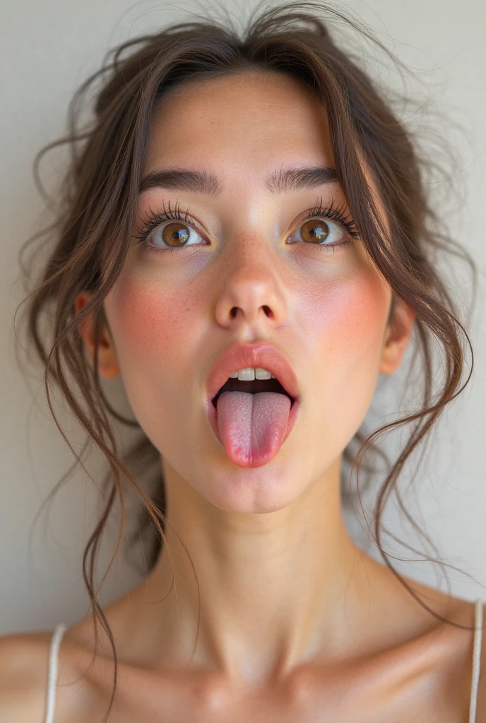 Irina Shayk,Beautiful Japanese Woman,1 Girl、high resolution eyelashes,Award-winning photo、Very detailed、eye、nose、Focus on the mouth、Close-up with focus on face))、Woman with open mouth and closed eyes、Age 35、Black Hair、Wrinkles:1.1、Symmetrical face、Realistic nose hole、From belowのアングル、Elongated C-shaped nose hole NSFW、Sweaty skin、Lighting that highlights sweaty skin、((Sharp nose))Skin shiny with sweat、Shiny skin、Sweaty hair、Upper eye、From below、(White collared shirt)(((Long Tongue)))、Upper body only,Ellipsoidal Surface,Gray background,