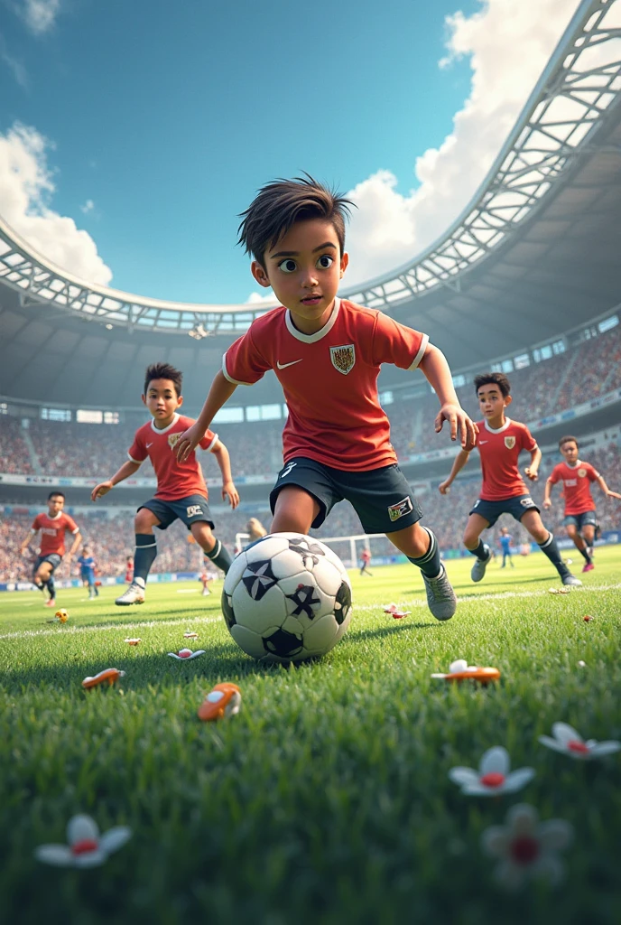(photorealism:1.2) create a 3D illustration of a 6 boy friends playing with a football. Football name written BELSTAR. Background is fire group like