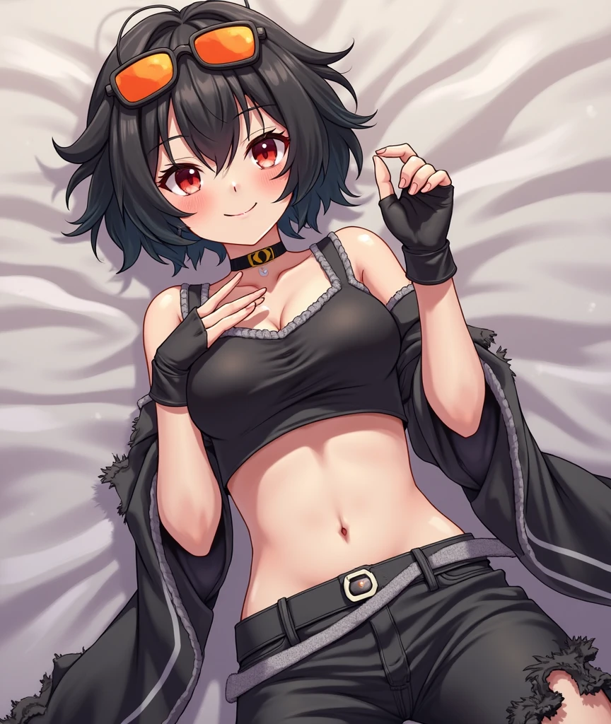 young kitten with green eyes, fluffy fur (black and white), in a sexy pose, wearing a tight short jean shorts, and a black leather jacket, with a fluffy tail