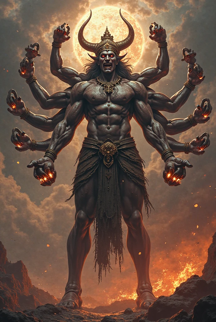 god々The impressive, eight-faced, six-armed statue of King Ashura、The appearance of rage、An atmospheric temple、Cinematic lighting、Swirling Hellfire