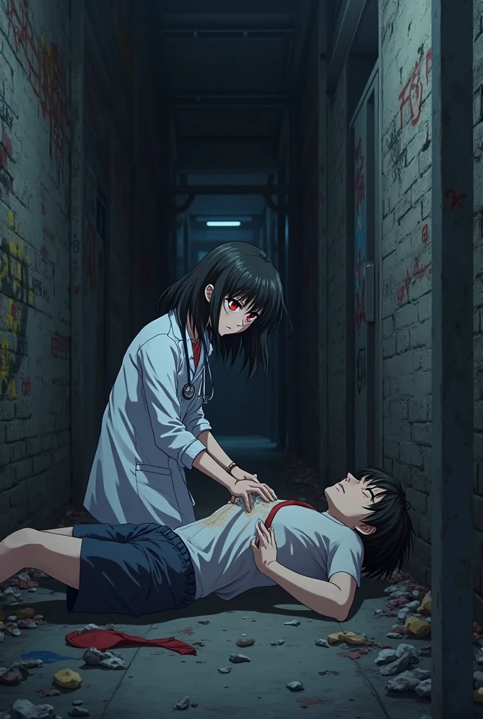 A guy with orange hair and blue eyes, white T-shirt, dark gray pants, covered in blood, does not smile, does not blush, blood on his face, blood everywhere, holds a girl on his lap, with very short dark brown hair, eyes closed, dying, does not smile, does not blush, face in blood, body in blood, clothes in blood, in a dark green shirt and a dark brown long skirt, covered in blood, anime art, masterpiece, realistic, over-detailed, professional quality