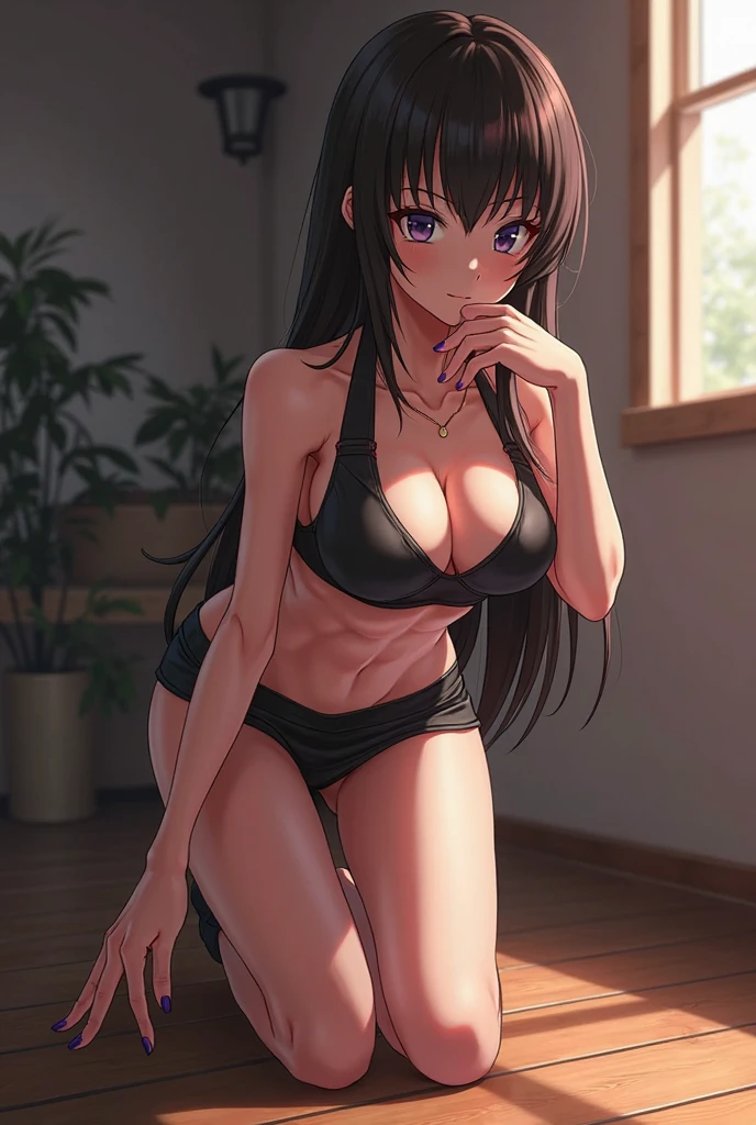 1 girl, bare shoulders, black hair, medium breasts, (muscular legs), muscular belly, wide hips, thin waist, (((clock eyes))), (wearing a very short and sexy bikini), finger to mouth, ( ((in the motel room))), full body, hair band, (with her back to me showing me her big ass), heterochromia, index finger raised, black high heel shoes, lolita hair band, long hair, red eyes, smiling, only, symbol-shaped pupils, (Kurumi tokisaki), (twintails), yellow eyes,