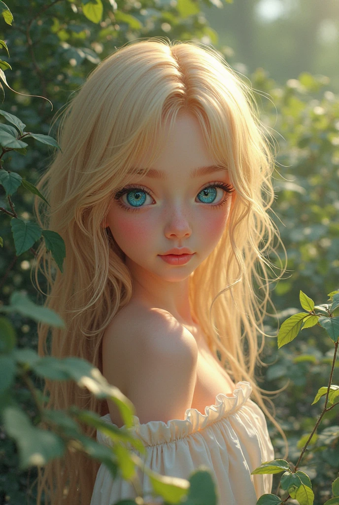 (masterpiece, best quality:1.4), Young blonde beauty, (((adult, neat girl))), detailed blue eyes, long eyelashes, blush, kind smile, horny, upper body, wet, topless, small ass, round ass, wet open pussy, (looking at viewer), beautiful blonde hair, white-skinned, (bangs:1.3), (from above), squeezing, (small breasts), (mushroom forest, colorful celestial forest, beautiful and magnificent pink sunshine, majestic sky), natural light, pastel colors
