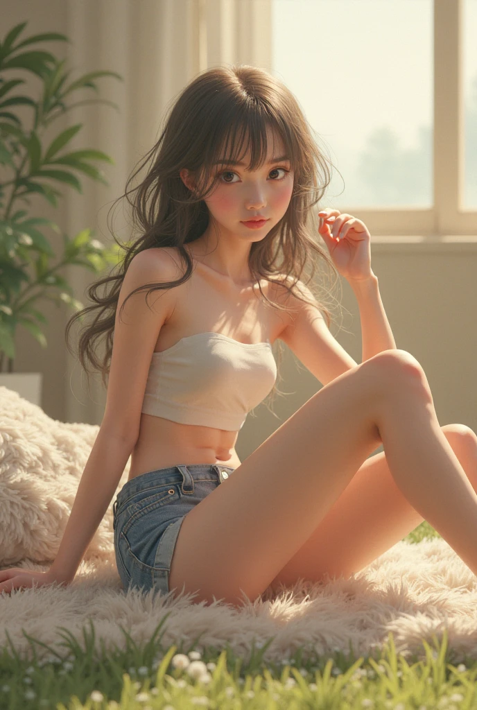 1girl in, Autumn leaves, Bangs, Blurry background, blush, Brown eyes, Brown hair, (Accurate Hand Modeling),Cowboy Shot,Beanie, Holding,Long hair, Looking at Viewer, Open mouth, Open white shirt, Smile, Solo, Extremely detailed, Convoluted, masutepiece, absurderes,Relaxing naked in a hotel bed,White panty,open one's legs,