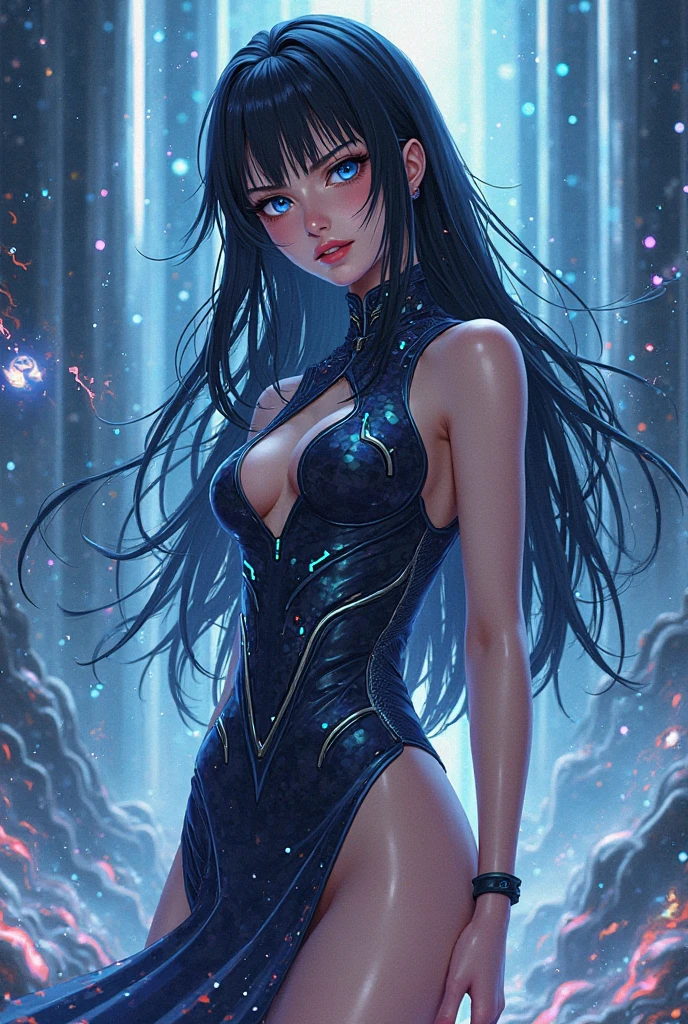 8k, RAW Photo, Photorealistic: 1.25), (Lip Gloss, Eyelashes, Glossy Face, Glossy Skin, Best Quality, Ultra High Resolution, Depth of Field, Chromatic Aberration, Caustics, Moisturized Lips, Ultra-Trimmed Face, Radiant Detailed Eyes, Black Hair, Semi-Long, Fashionable, Tight Knit Dress, Sheer