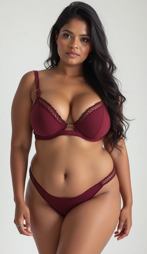 (front view focus), A gorgeous very busty beautiful chubby mature Indian women, 45 years old mature Indian aunty, (((wearing maroon bralette, with lace))) and (((wearing maroon panty, with design)))), perfect face, ((looking at viewer)), (((black hair, hair bun up))), (((big Bindi))), (((dark lipstick))), HD details, high details, sharp focus, HD makeup, shimmery makeup, celebrity makeup, outside, in the garden, ((full body view)), big breast, big waist, thick thighs, ((mature chubby)), (HD render)Studio portrait, magic, magical, fantasy, front focus.