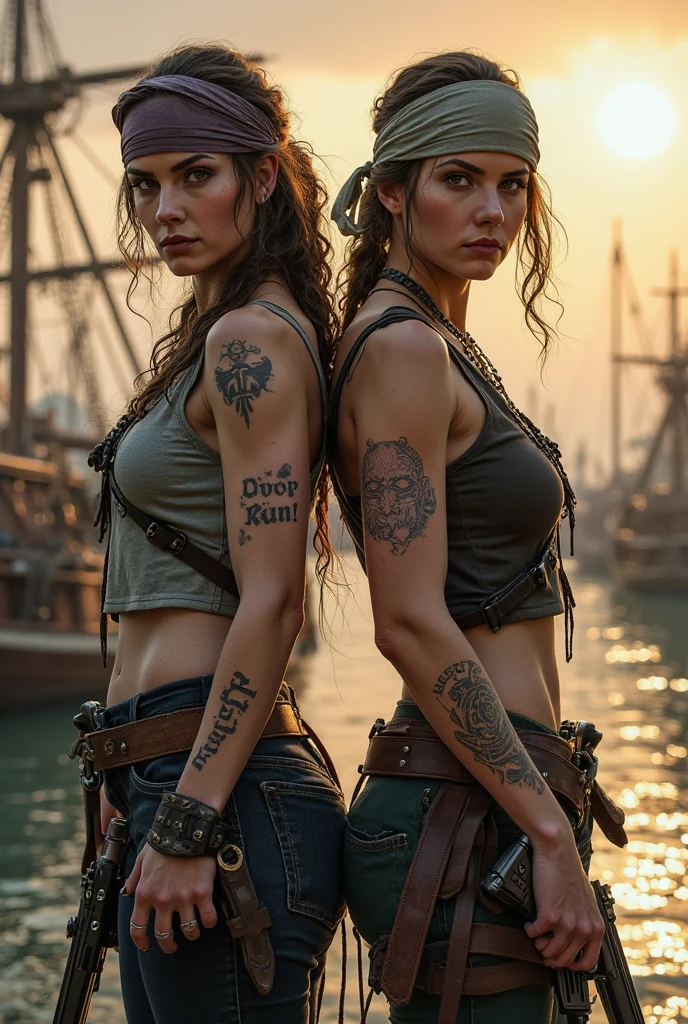 a female pirate from the early 18th century in ragged off-the-shoulder clothes, a treasure map depicting a route ending at an x-sign is tattooed on her back, she has short hair, Dungeons and Dragons 5th edition style illustration, cinematic, fantasy painting, highly detailed, black outlining, full color illustration, in the style of BORIS VALLEJO & JULIE BELL