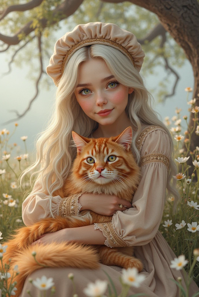 red-haired girl [Elizabeth II:Maude Adams:0.45] with a full sized  red mainecoon cat, (best quality, masterpieces, ultra-detailed), beautiful detailed eyes, beautiful detailed lips, longeyelashes, vibrant colors, illustrative style, oil painting texture, flowing red hair, cozy garden background, soft sunlight, lively expression, joyful interaction with the cat, dynamic pose, realistic rendering.