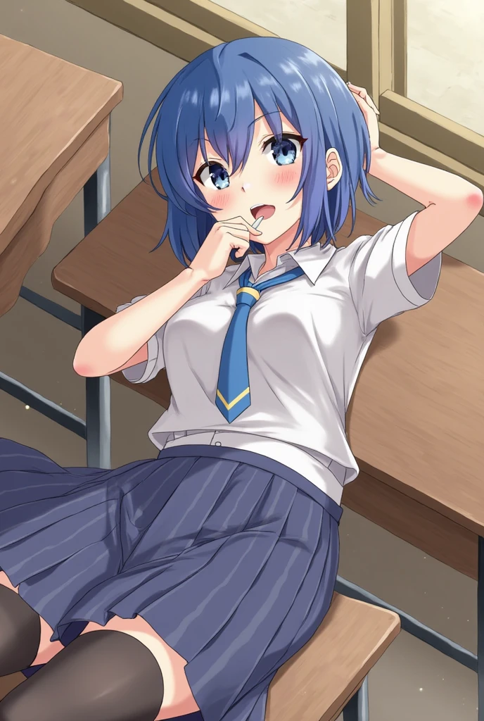 Beautiful lighting, One Girl, solo, Akane, White shirt, (((skirt)))，Sweater vest, Black vest, Blue tie, ((Anime Style))、((2D))、Laughter、Open your mouth、Look forward，((Cotton panties with crotch))，(((skirtめくり, I can see your pants)))，squat，squat，squat，squat，From below，blush，Embarrassing，skirtを持ち上げる