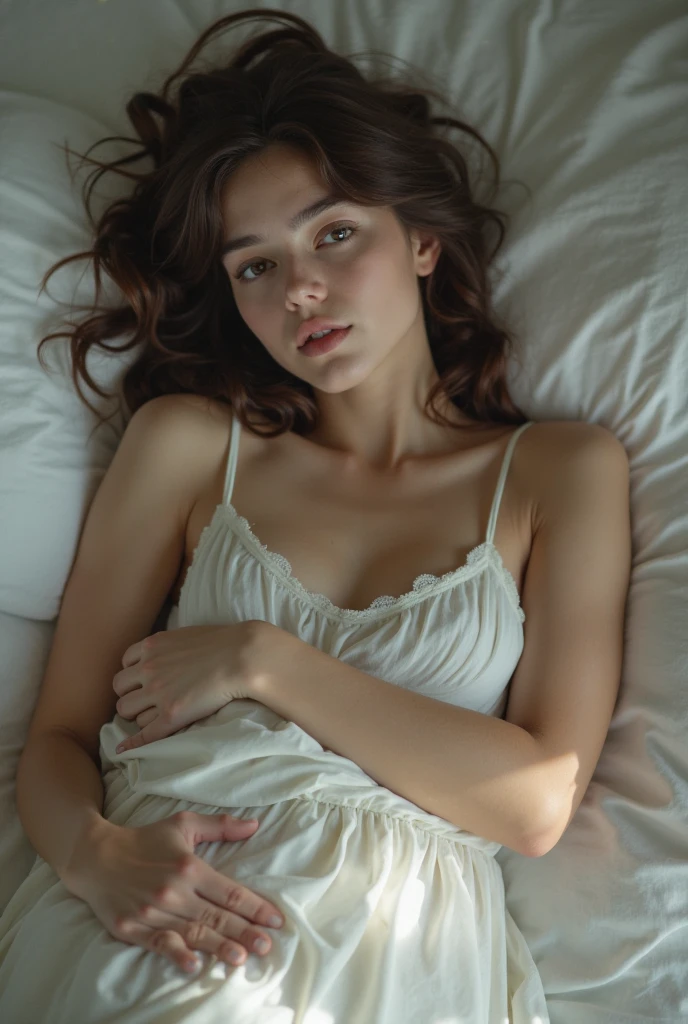 ((best quality)), ((masterpiece)), (detailed), 1 girl with long blond hair, lay on bed, topshot, white t-shirt, white blanket, head on side, topshot