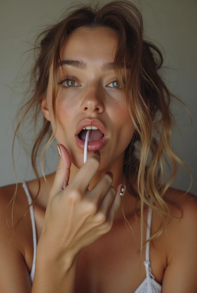 girl and bigs tits, 
Look from above with a penis in her mouth
